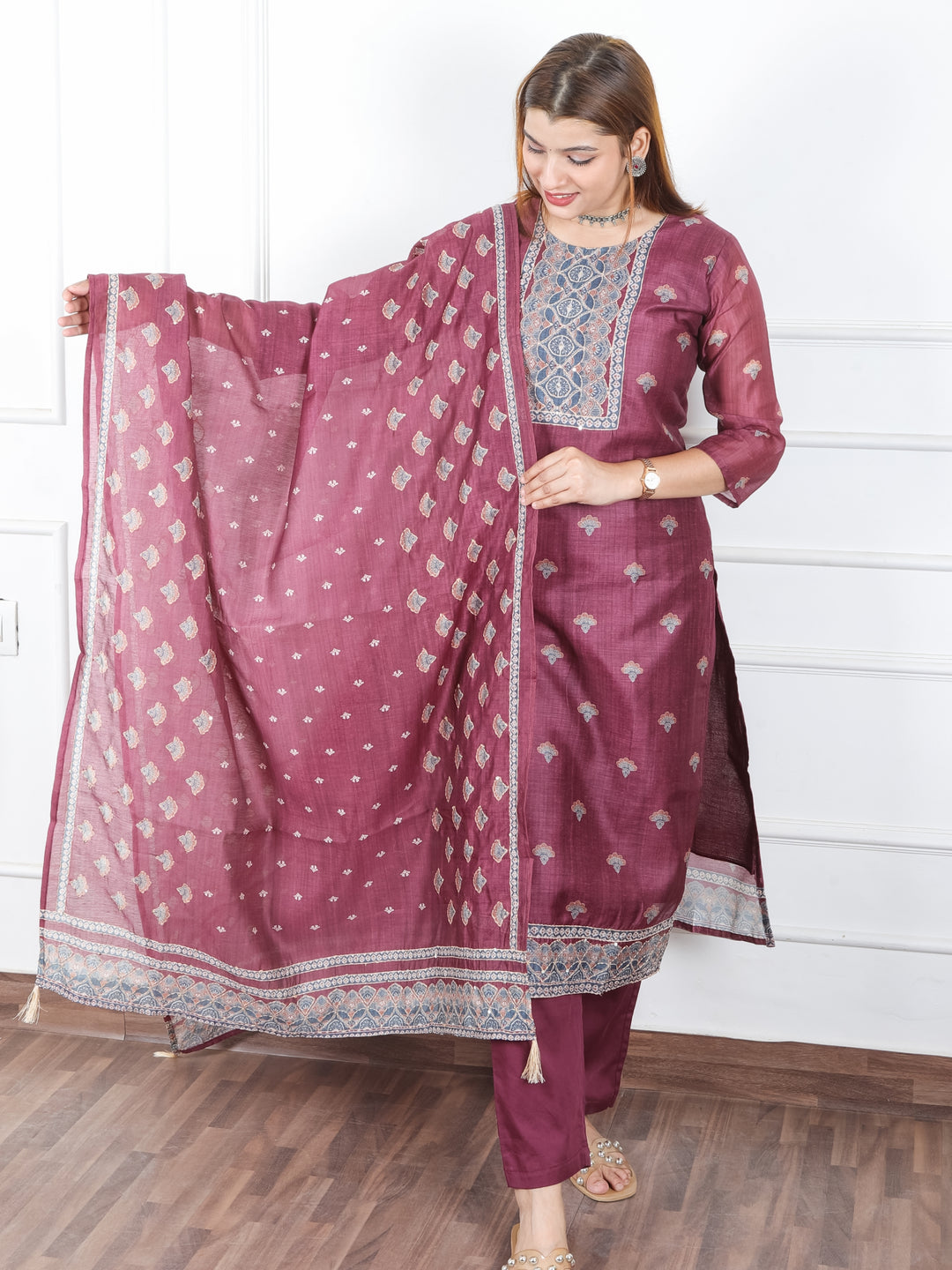 Khushi Mulberry Purple Digital Printed Neck with Kantha Detailing Chanderi 3 Piece Set