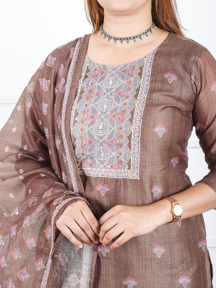 Khushi Tan Olive Digital Printed Neck with Kantha Detailing Chanderi 3 Piece Set
