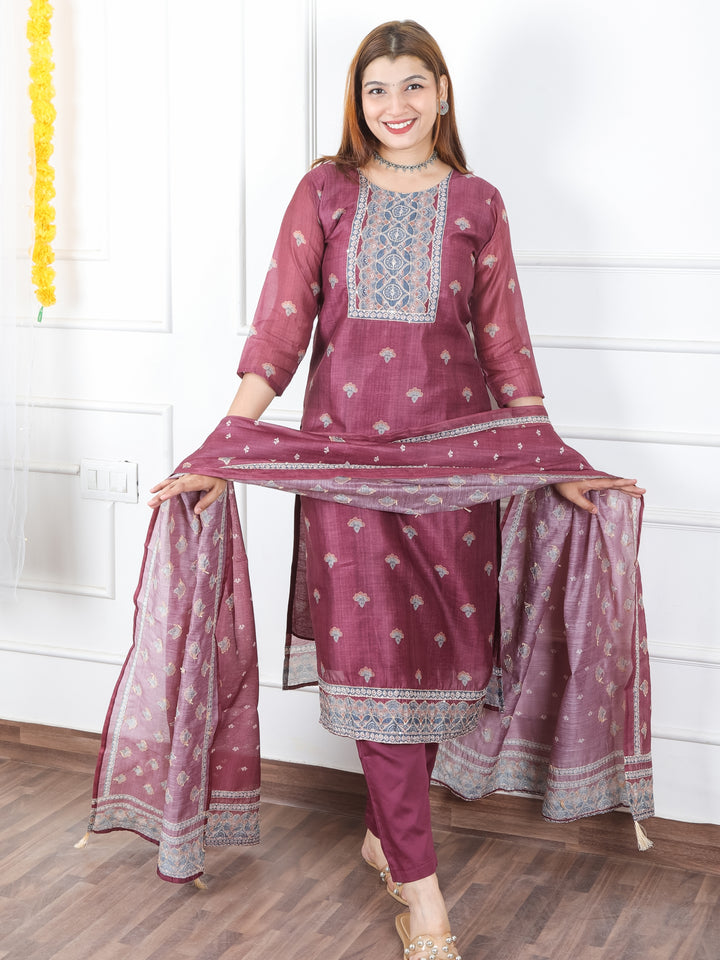 Khushi Mulberry Purple Digital Printed Neck with Kantha Detailing Chanderi 3 Piece Set