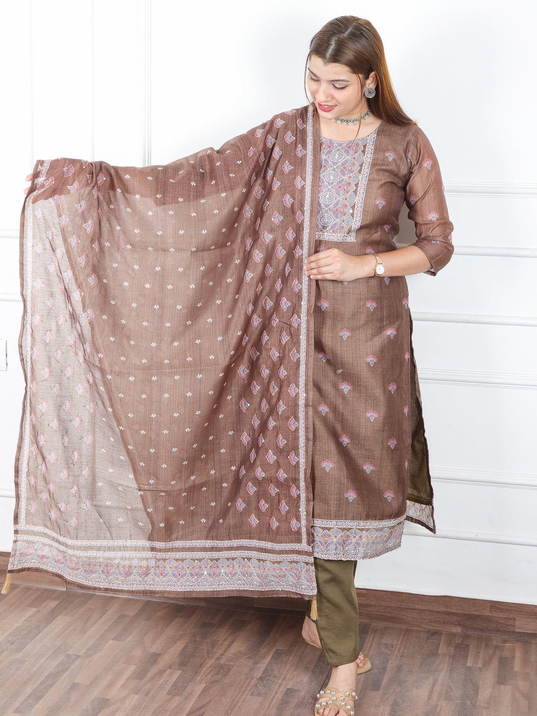 Khushi Tan Olive Digital Printed Neck with Kantha Detailing Chanderi 3 Piece Set