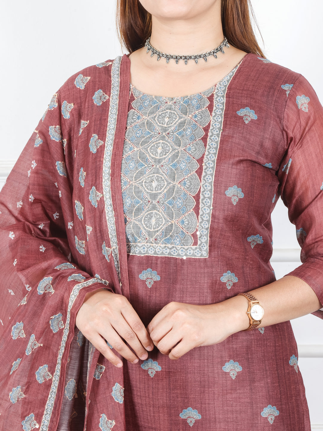 Khushi Choclate Brown Digital Printed Neck with Kantha Detailing Chanderi 3 Piece Set
