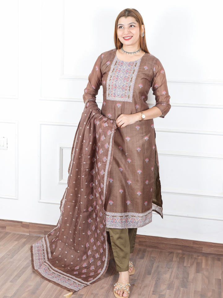 Khushi Tan Olive Digital Printed Neck with Kantha Detailing Chanderi 3 Piece Set