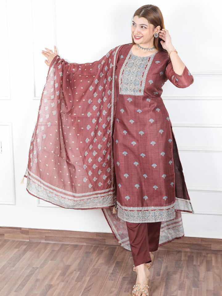 Khushi Choclate Brown Digital Printed Neck with Kantha Detailing Chanderi 3 Piece Set
