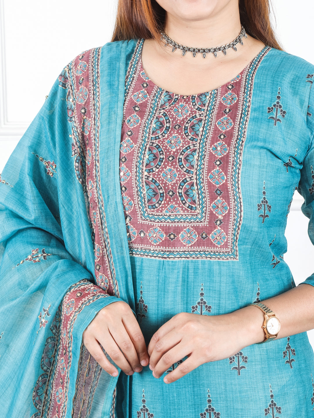 Jhanvi Aqau Teal Digital Printed Neck with Kantha Detailing Chanderi 3 Piece Set