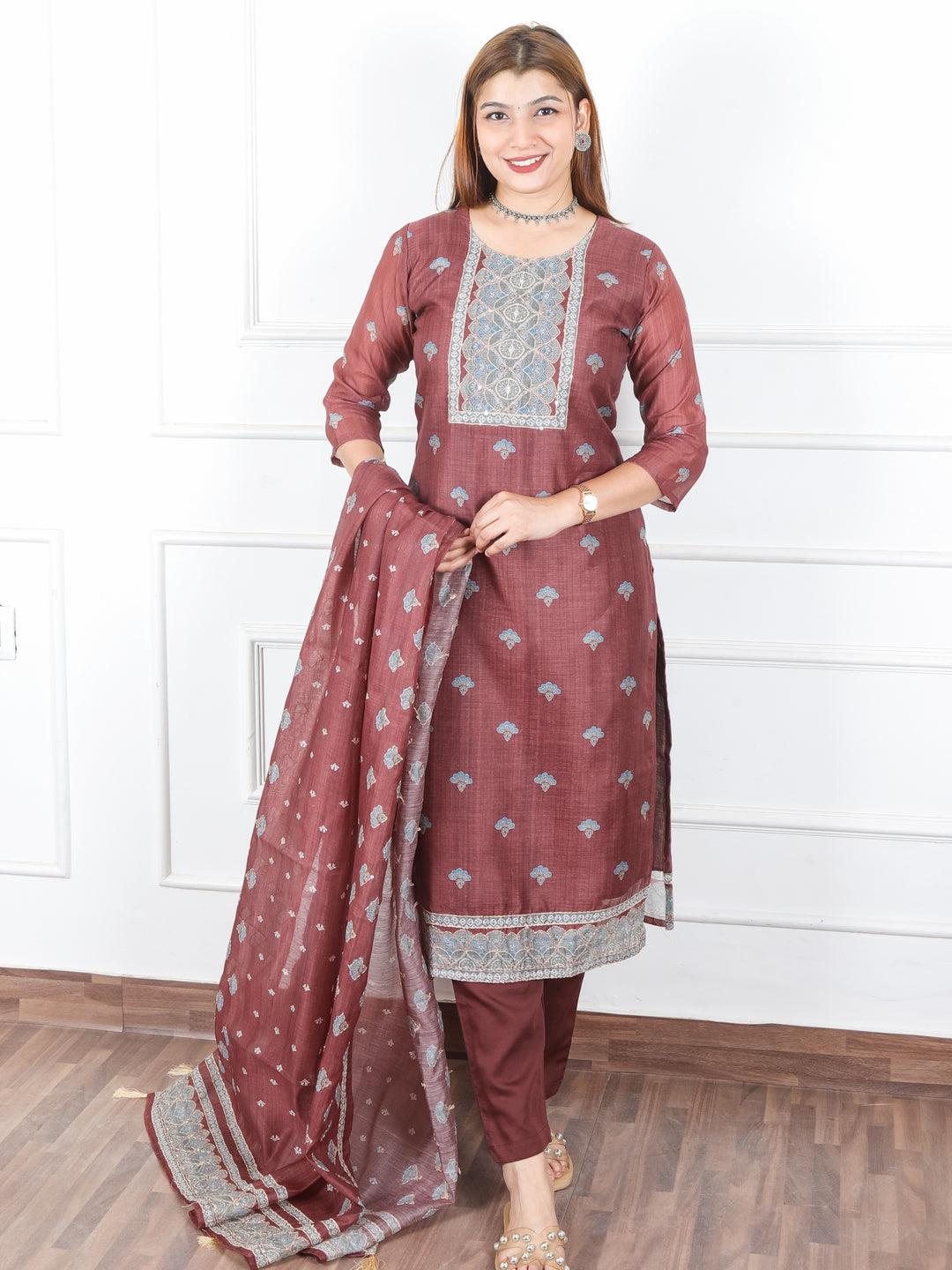 Khushi Choclate Brown Digital Printed Neck with Kantha Detailing Chanderi 3 Piece Set