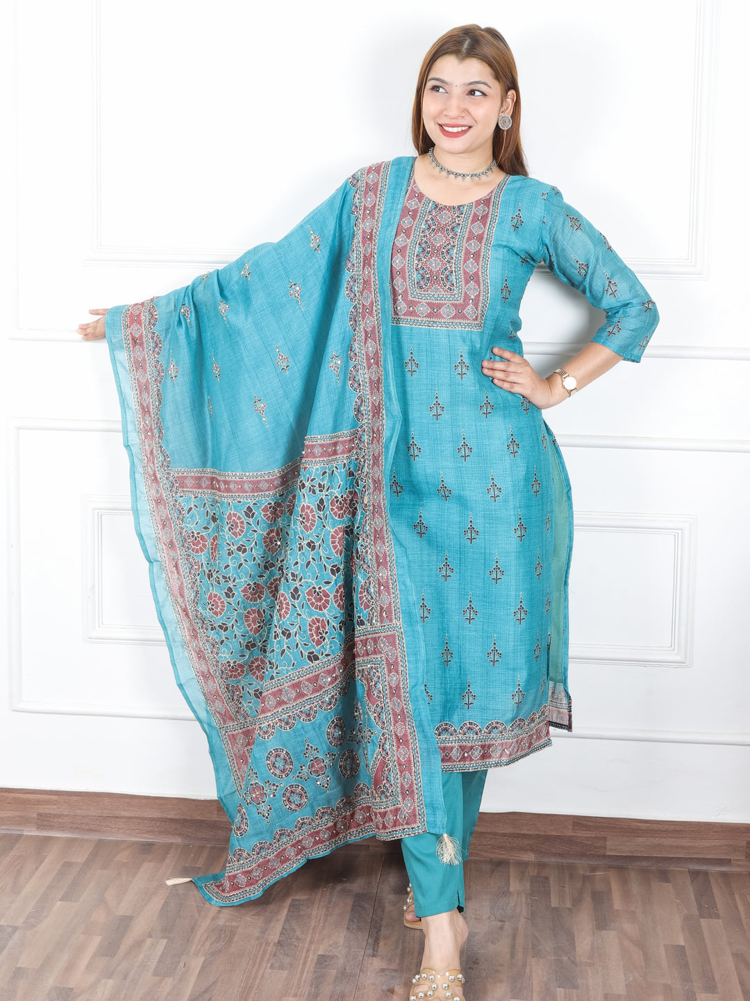 Jhanvi Aqau Teal Digital Printed Neck with Kantha Detailing Chanderi 3 Piece Set