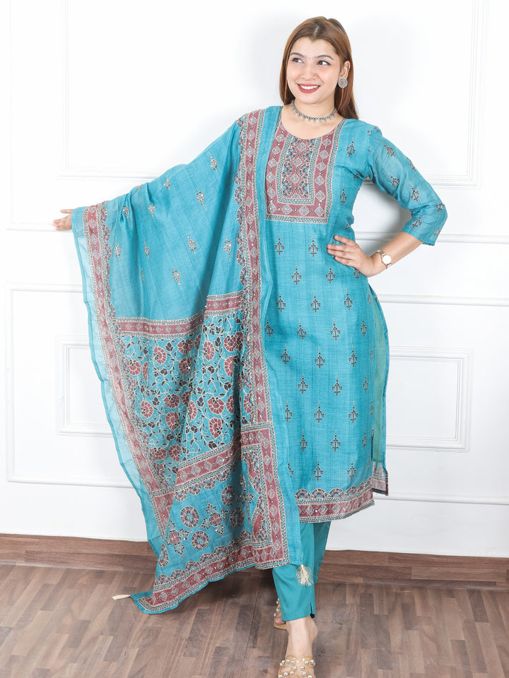 Jhanvi Aqau Teal Digital Printed Neck with Kantha Detailing Chanderi 3 Piece Set