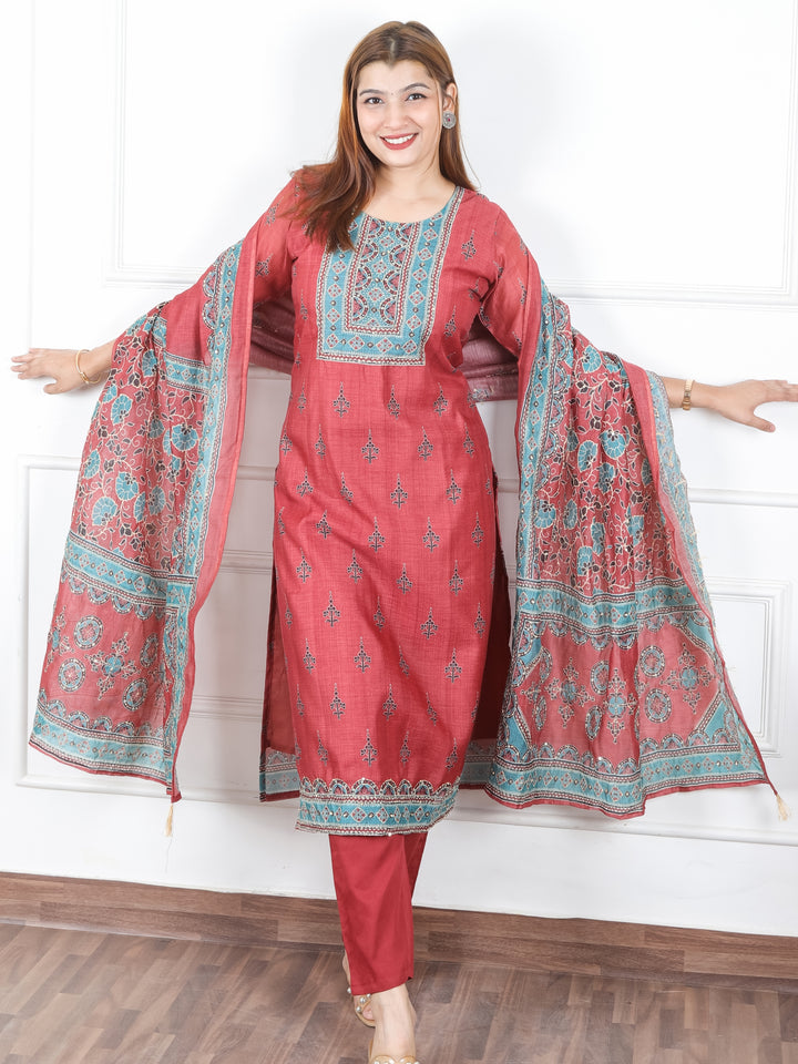 Jhanvi Mauve Red Digital Printed Neck with Kantha Detailing Chanderi 3 Piece Set
