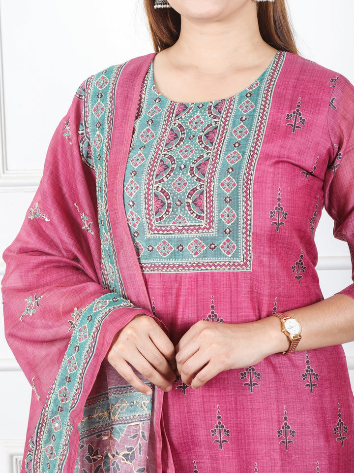 Jhanvi Onion Purple Digital Printed Neck with Kantha Detailing Chanderi 3 Piece Set