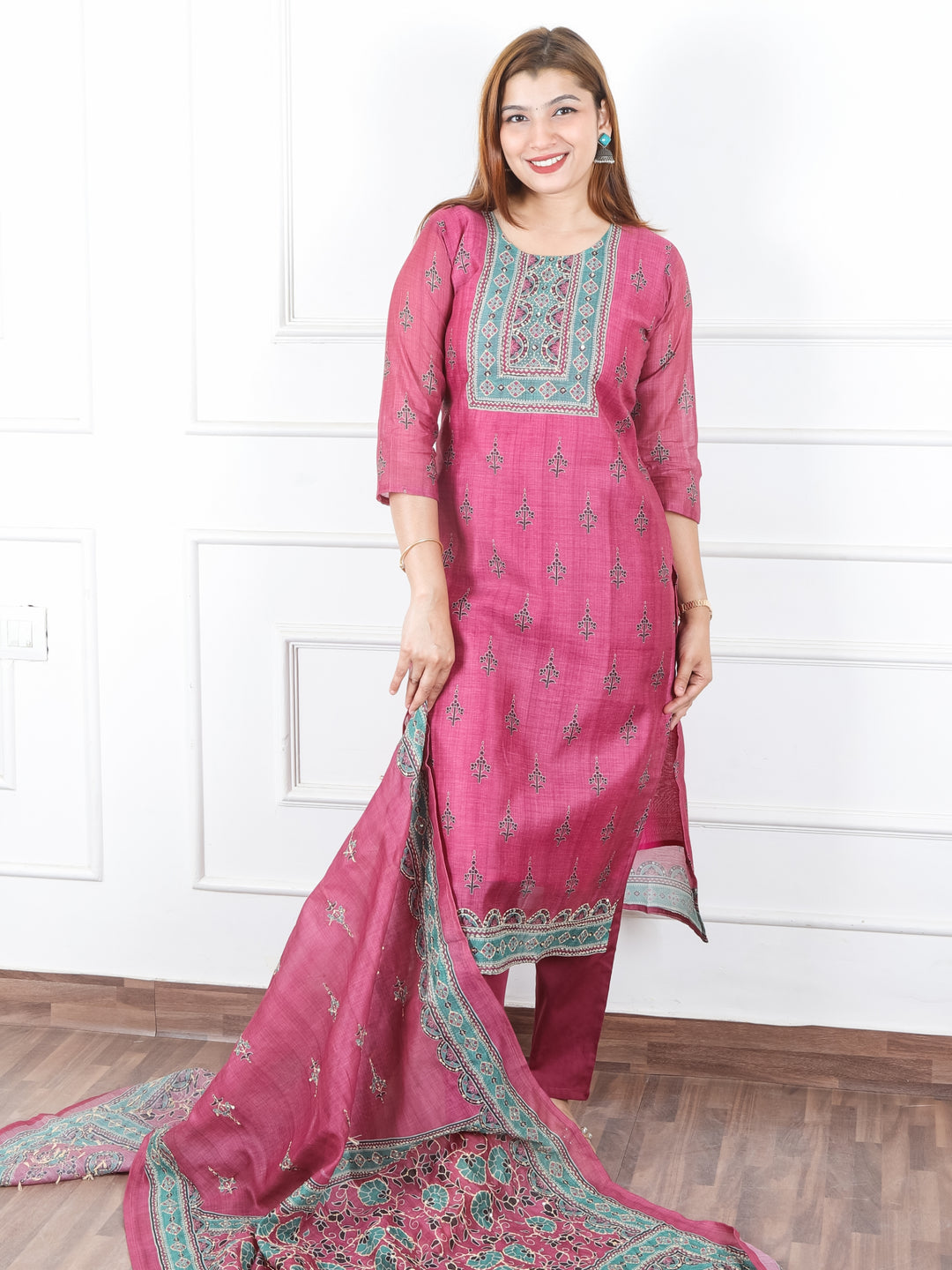 Jhanvi Onion Purple Digital Printed Neck with Kantha Detailing Chanderi 3 Piece Set