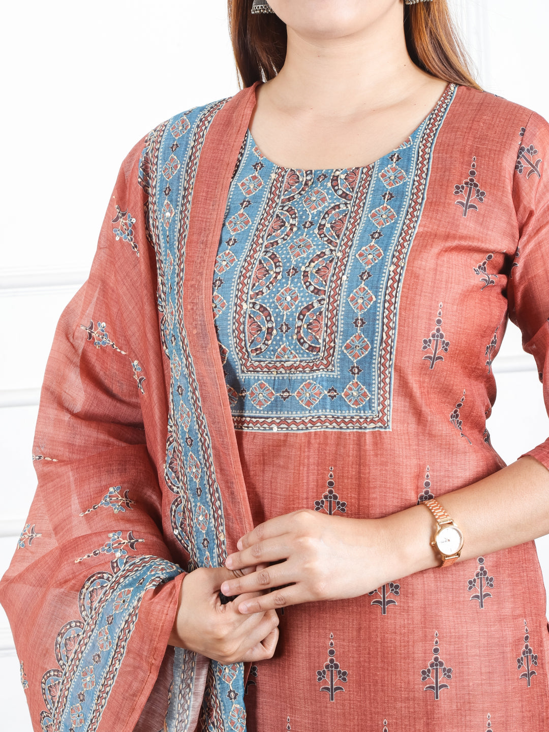 Jhanvi Burnt Rust Digital Printed Neck with Kantha Detailing Chanderi 3 Piece Set