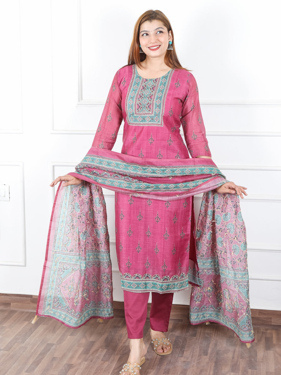 Jhanvi Onion Purple Digital Printed Neck with Kantha Detailing Chanderi 3 Piece Set