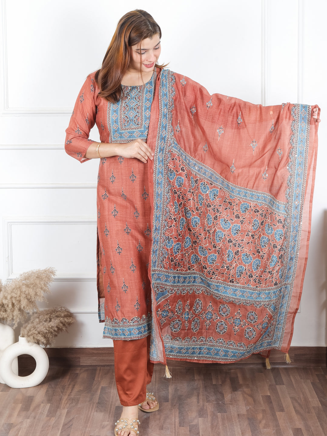Jhanvi Burnt Rust Digital Printed Neck with Kantha Detailing Chanderi 3 Piece Set