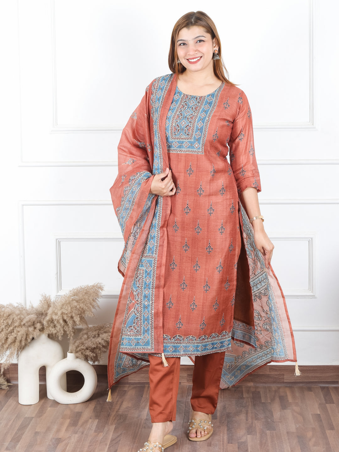 Jhanvi Burnt Rust Digital Printed Neck with Kantha Detailing Chanderi 3 Piece Set