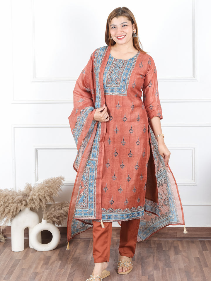 Jhanvi Burnt Rust Digital Printed Neck with Kantha Detailing Chanderi 3 Piece Set