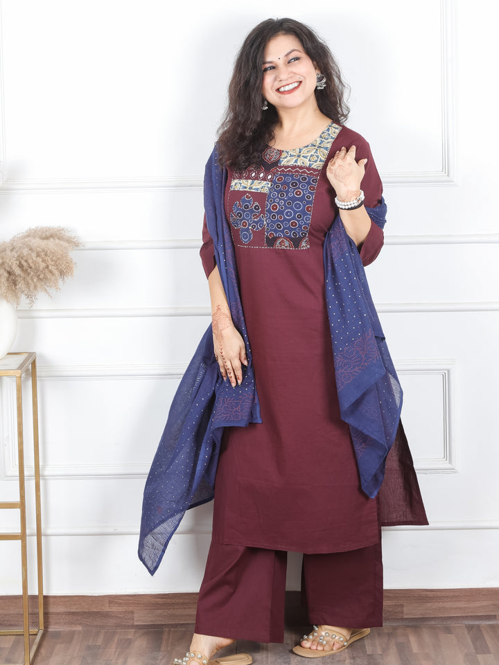 Rhumani Burgundy Wine Ajrak Printed Patch Yoke with Mirror Work Cotton 3 Piece Set