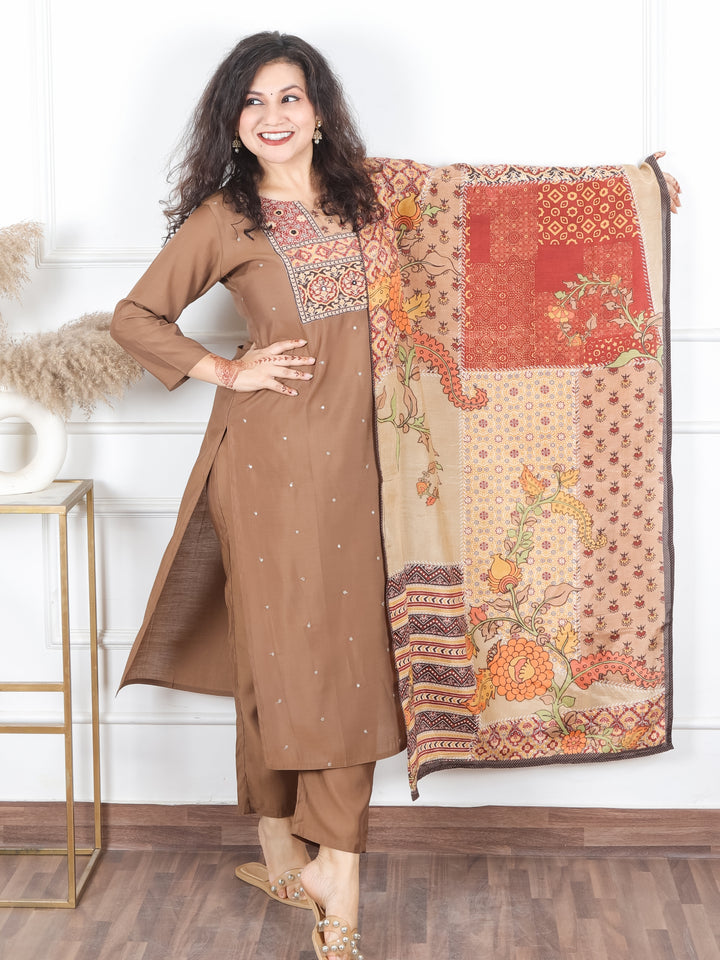 Arya Hazel Brown Printed Patch with Patra Work Detailing Modal 3 Piece Set D1