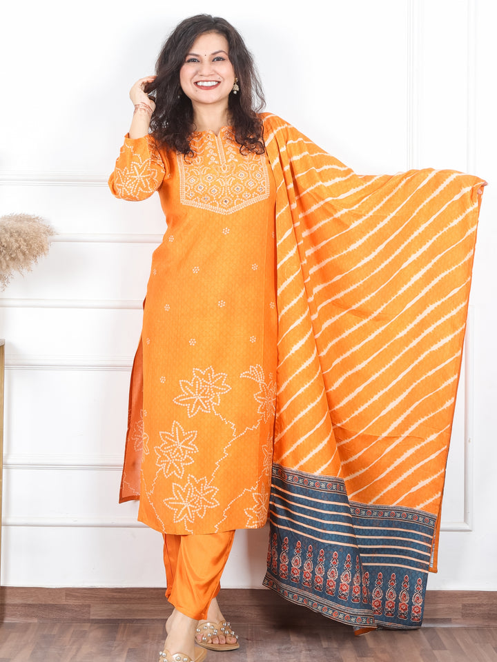 Arya Orange Moti and Kardana Work in Bandhani Print Yoke Muslin 3 PIece Set