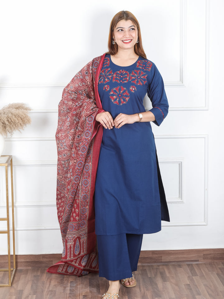 Sanskriti Prussian Blue Applique Printed Patch Work on Neck Cotton 3 PIece Set