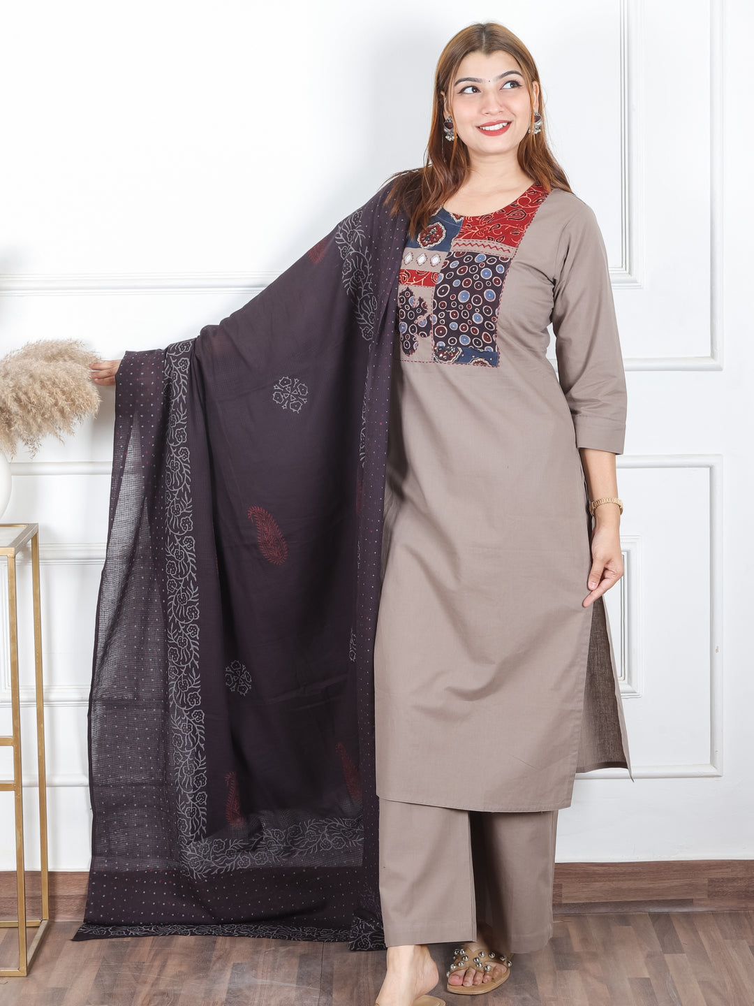 Rhumani Tan Taupe  Ajrak Printed Patch Yoke with Mirror Work Cotton 3 Piece Set