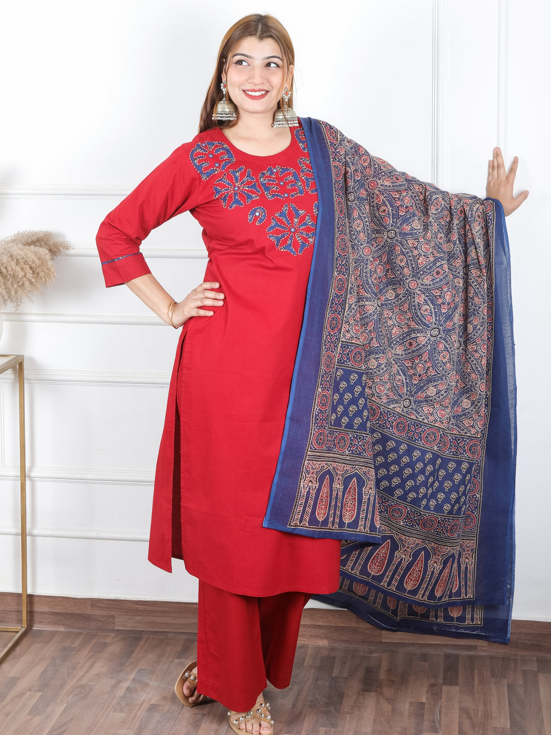 Sanskriti Cherry Red Applique Printed Patch Work on Neck Cotton 3 PIece Set
