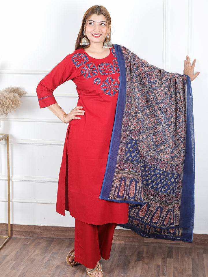 Sanskriti Cherry Red Applique Printed Patch Work on Neck Cotton 3 PIece Set