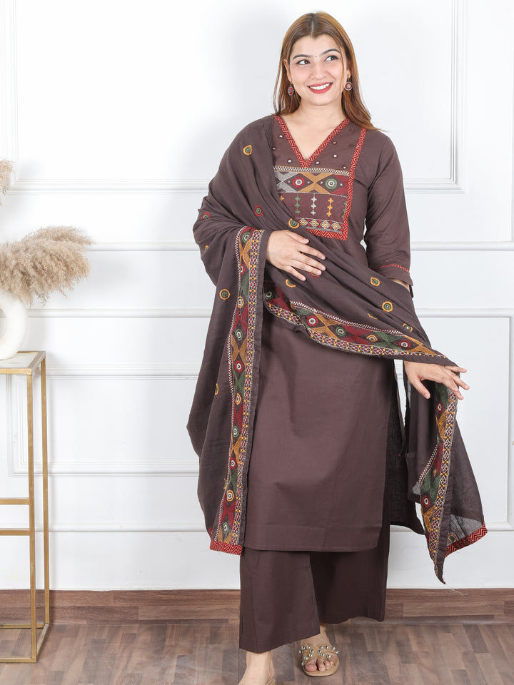 Roshni Choco Brown Thread Embroiered Neck with Patra Detailing Cotton 3 Piece Set