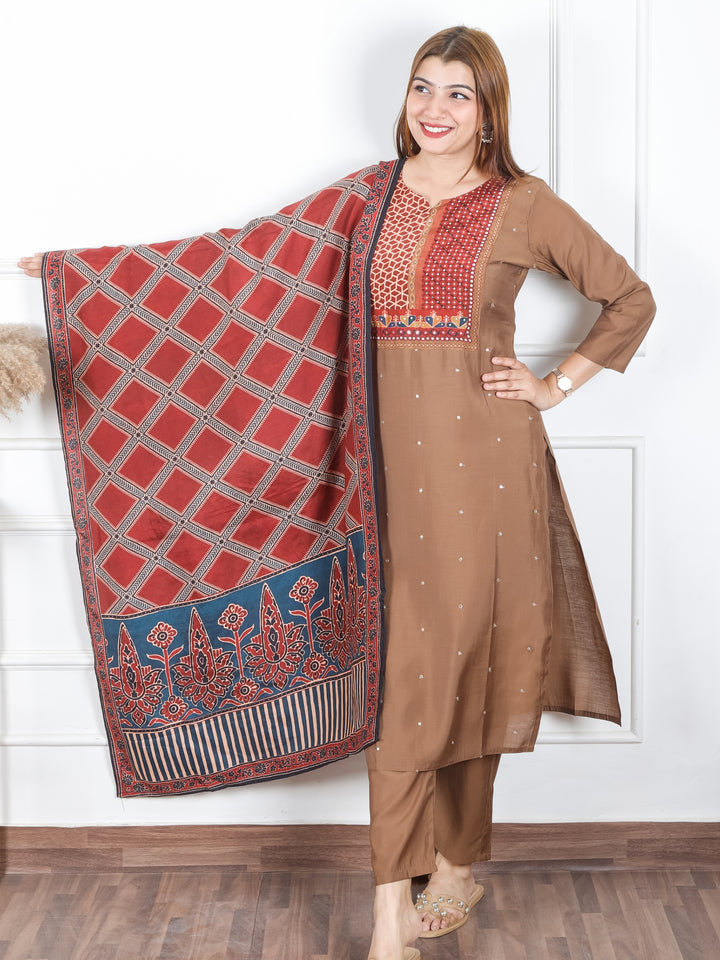 Arya Hazel Brown Printed Patch with Patra Work Detailing Modal 3 Piece Set D2