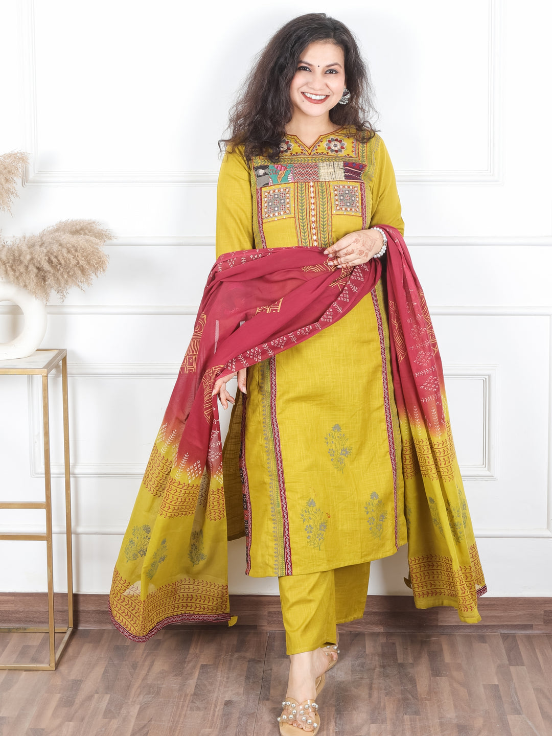 Swaroop Dijon Yellow Embriodered Neck Patch Panel Cotton 3 Piece Set with Pocket