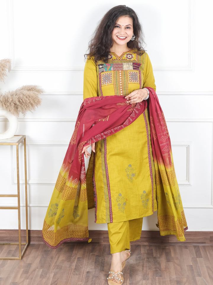 Swaroop Dijon Yellow Embriodered Neck Patch Panel Cotton 3 Piece Set with Pocket