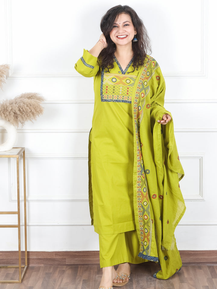 Roshni Lemon Green Thread Embroiered Neck with Patra Detailing Cotton 3 Piece Set