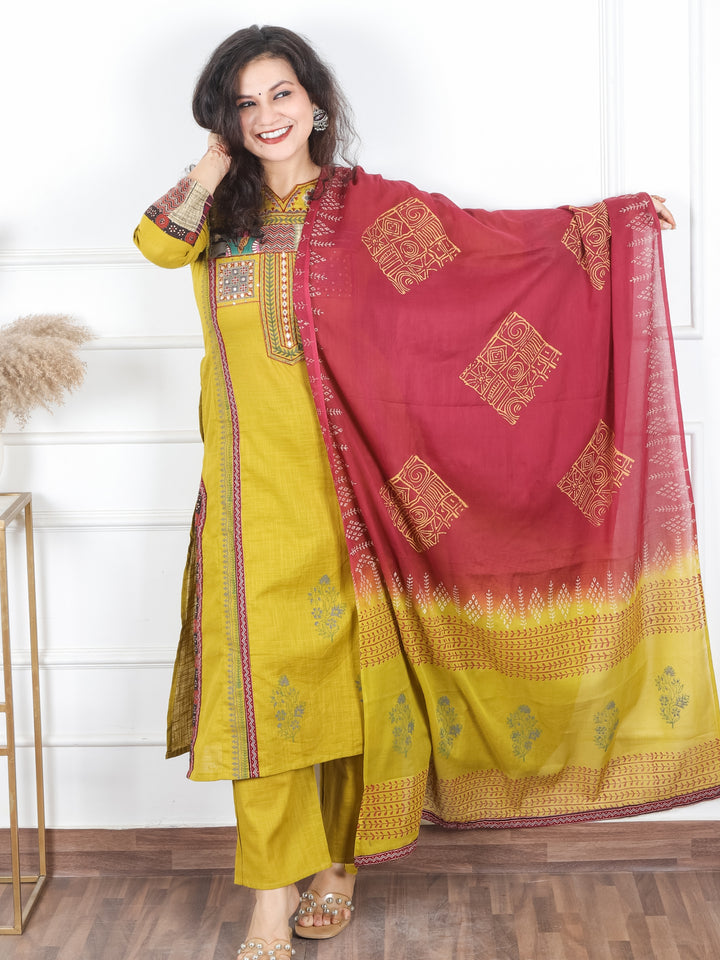 Swaroop Dijon Yellow Embriodered Neck Patch Panel Cotton 3 Piece Set with Pocket