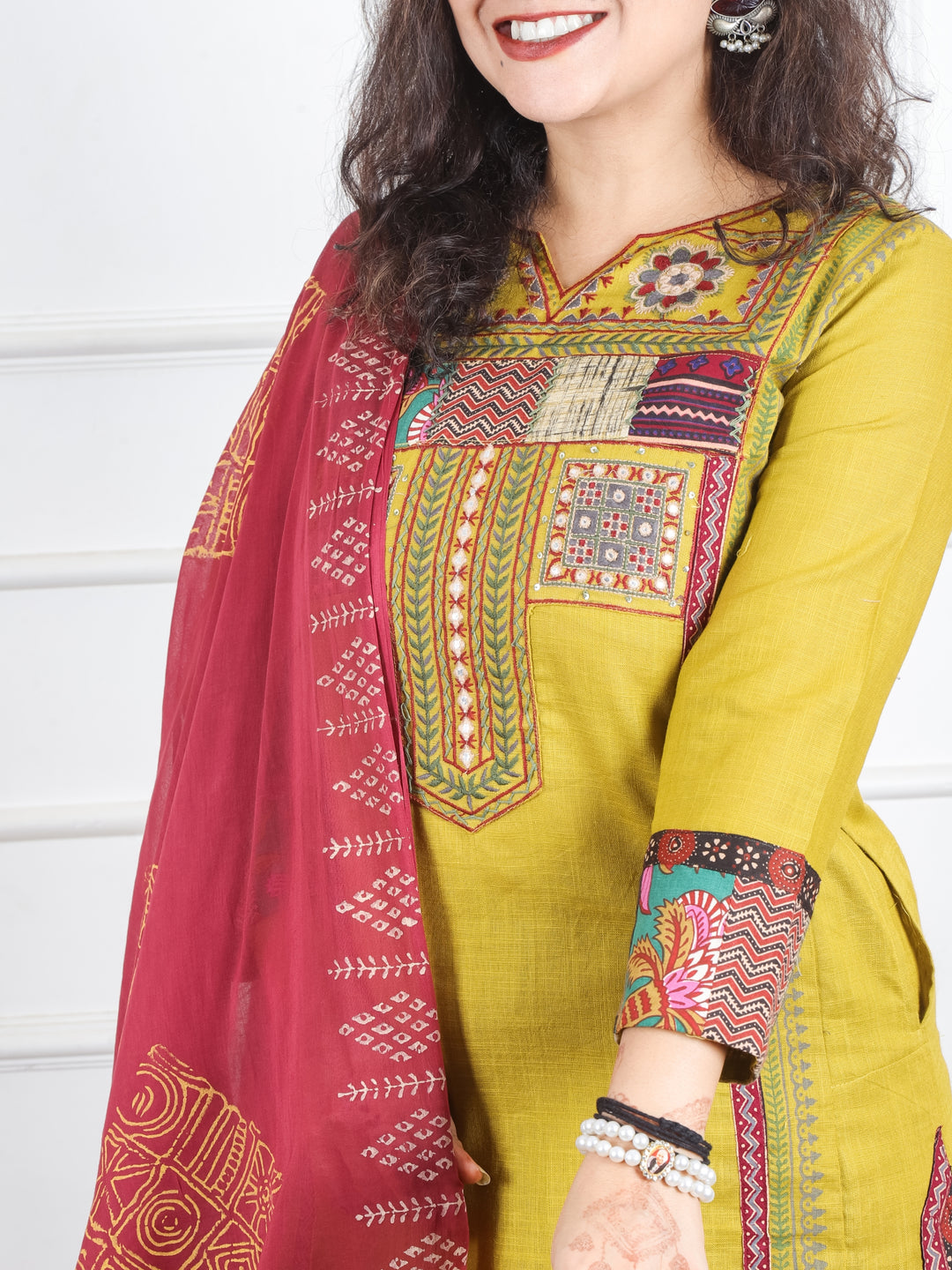 Swaroop Dijon Yellow Embriodered Neck Patch Panel Cotton 3 Piece Set with Pocket