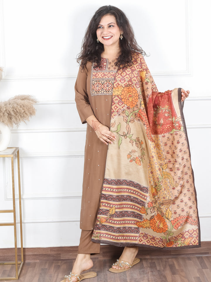 Arya Hazel Brown Printed Patch with Patra Work Detailing Modal 3 Piece Set D1