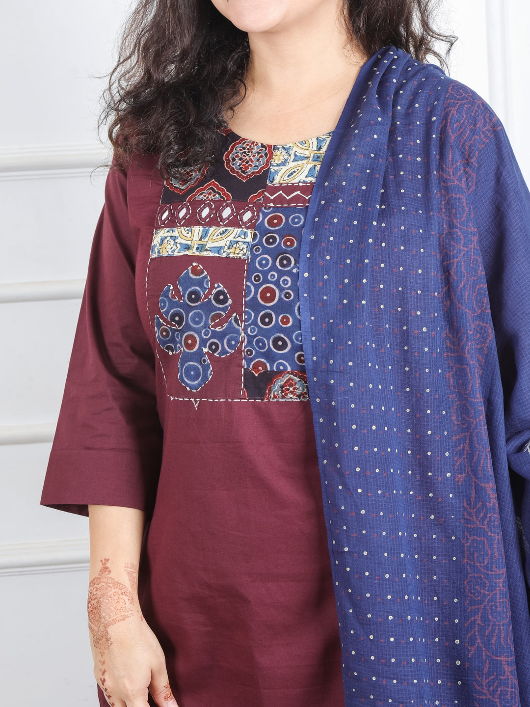 Rhumani Burgundy Wine Ajrak Printed Patch Yoke with Mirror Work Cotton 3 Piece Set