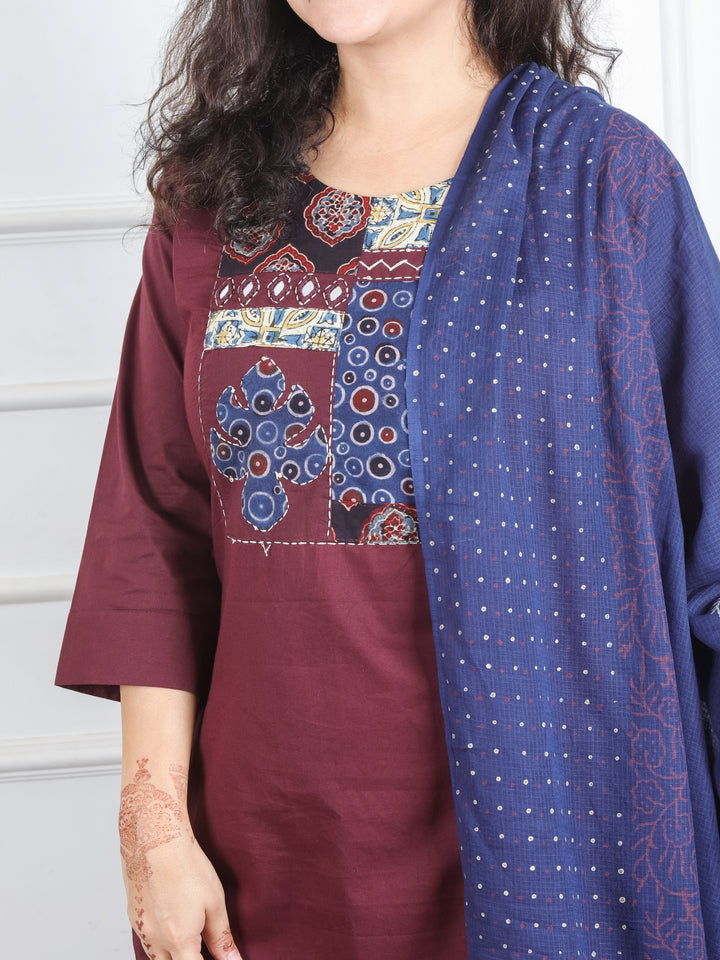 Rhumani Burgundy Wine Ajrak Printed Patch Yoke with Mirror Work Cotton 3 Piece Set