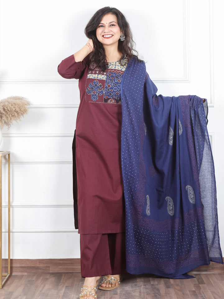 Rhumani Burgundy Wine Ajrak Printed Patch Yoke with Mirror Work Cotton 3 Piece Set