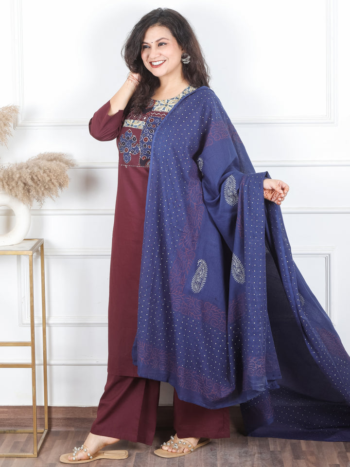 Rhumani Burgundy Wine Ajrak Printed Patch Yoke with Mirror Work Cotton 3 Piece Set