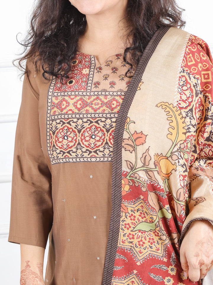 Arya Hazel Brown Printed Patch with Patra Work Detailing Modal 3 Piece Set D1