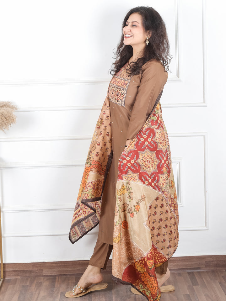 Arya Hazel Brown Printed Patch with Patra Work Detailing Modal 3 Piece Set D1