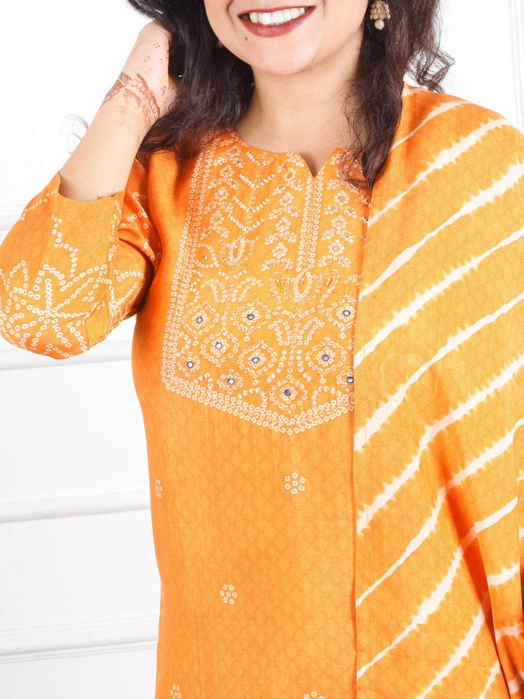 Arya Orange Moti and Kardana Work in Bandhani Print Yoke Muslin 3 PIece Set
