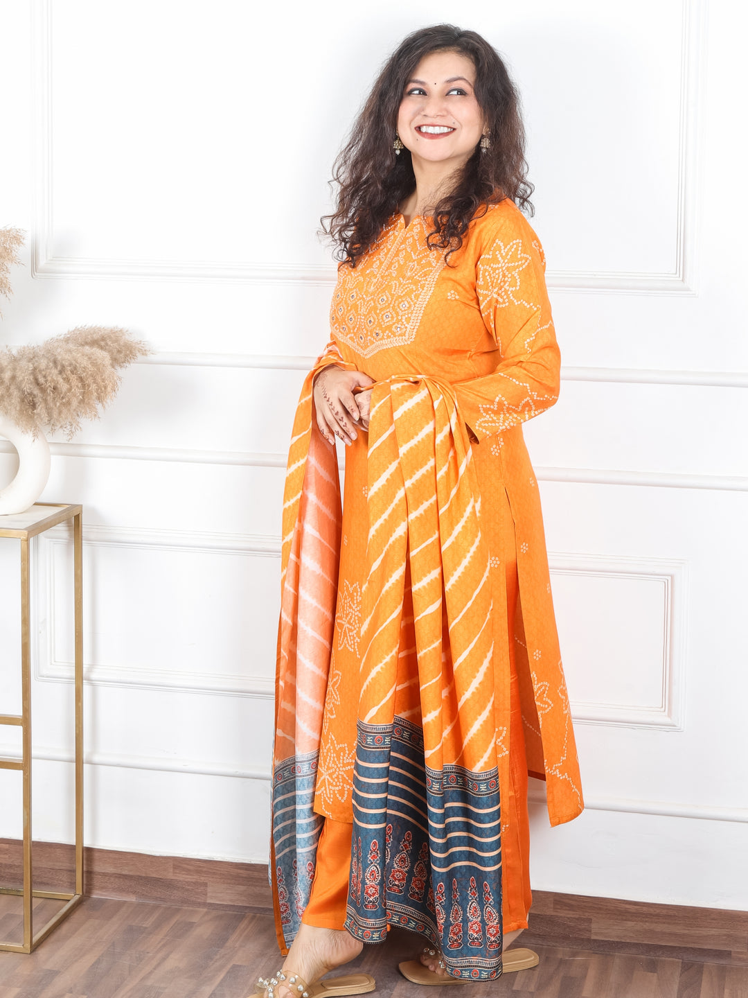 Arya Orange Moti and Kardana Work in Bandhani Print Yoke Muslin 3 PIece Set