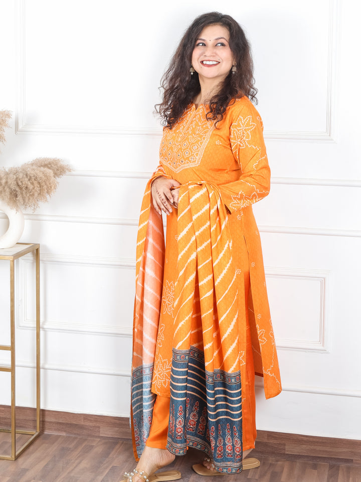 Arya Orange Moti and Kardana Work in Bandhani Print Yoke Muslin 3 PIece Set
