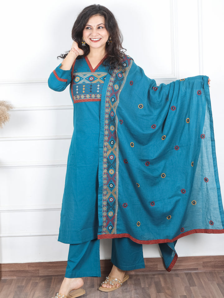 Roshni Dark Teal Thread Embroiered Neck with Patra Detailing Cotton 3 Piece Set