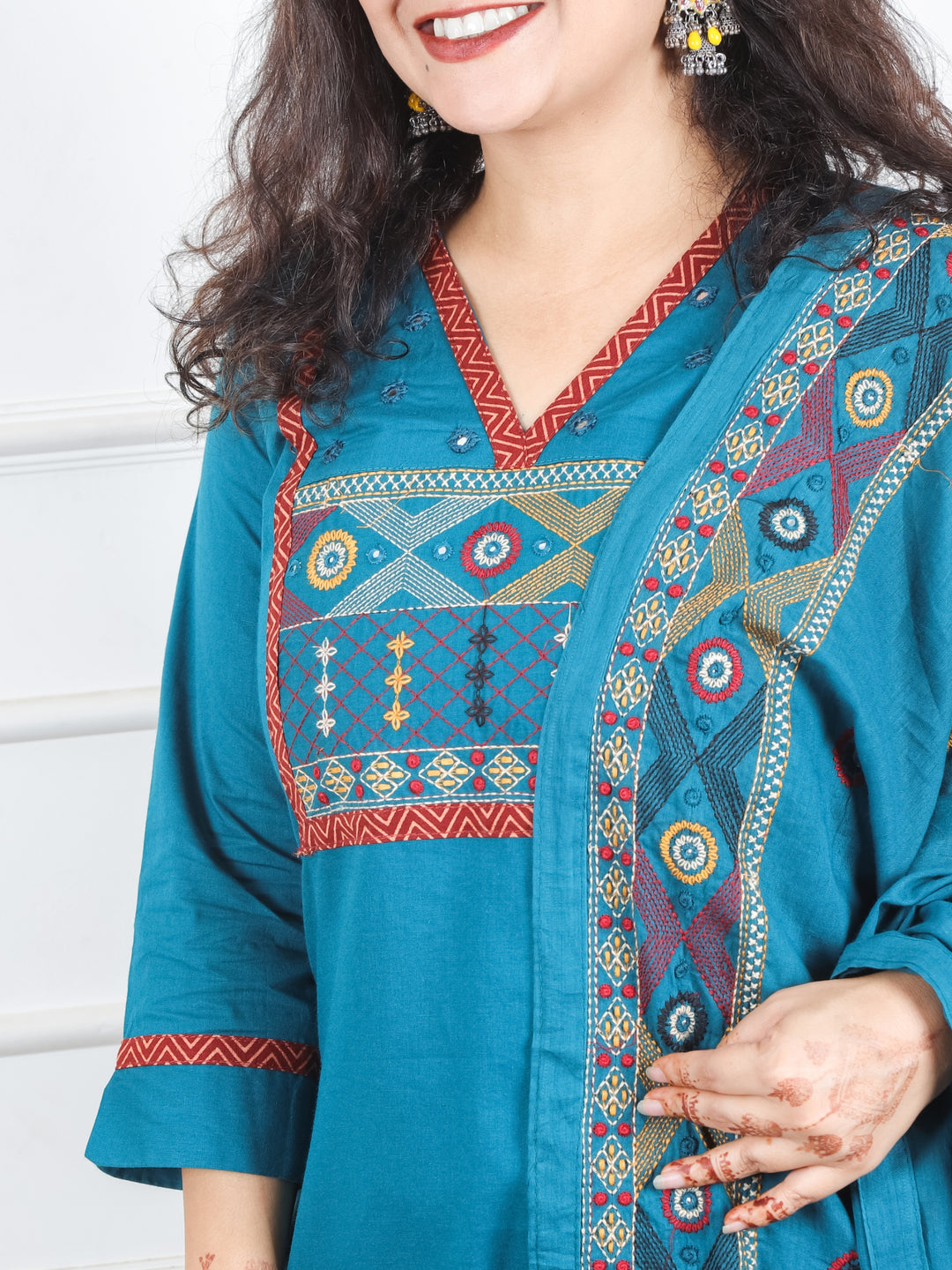 Roshni Dark Teal Thread Embroiered Neck with Patra Detailing Cotton 3 Piece Set