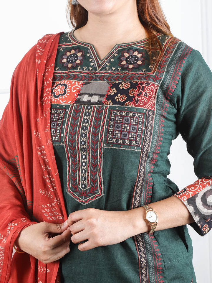 Swaroop Dark Green Embriodered Neck Patch Panel Cotton 3 Piece Set with Pocket
