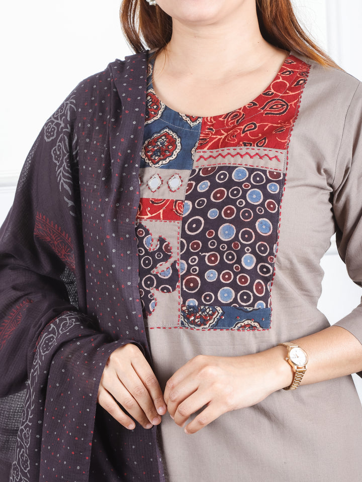 Rhumani Tan Taupe  Ajrak Printed Patch Yoke with Mirror Work Cotton 3 Piece Set