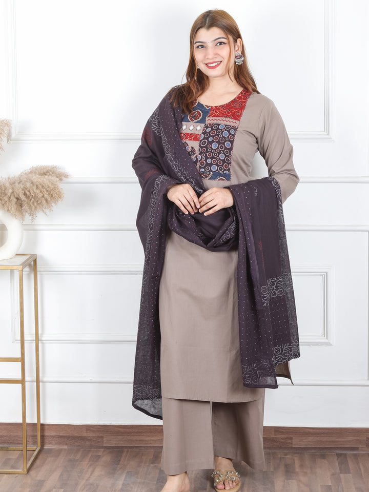 Rhumani Tan Taupe  Ajrak Printed Patch Yoke with Mirror Work Cotton 3 Piece Set