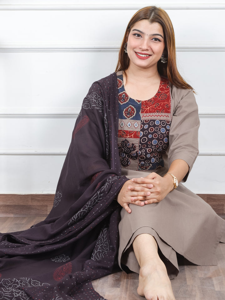 Rhumani Tan Taupe  Ajrak Printed Patch Yoke with Mirror Work Cotton 3 Piece Set