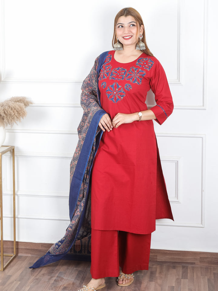 Sanskriti Cherry Red Applique Printed Patch Work on Neck Cotton 3 PIece Set
